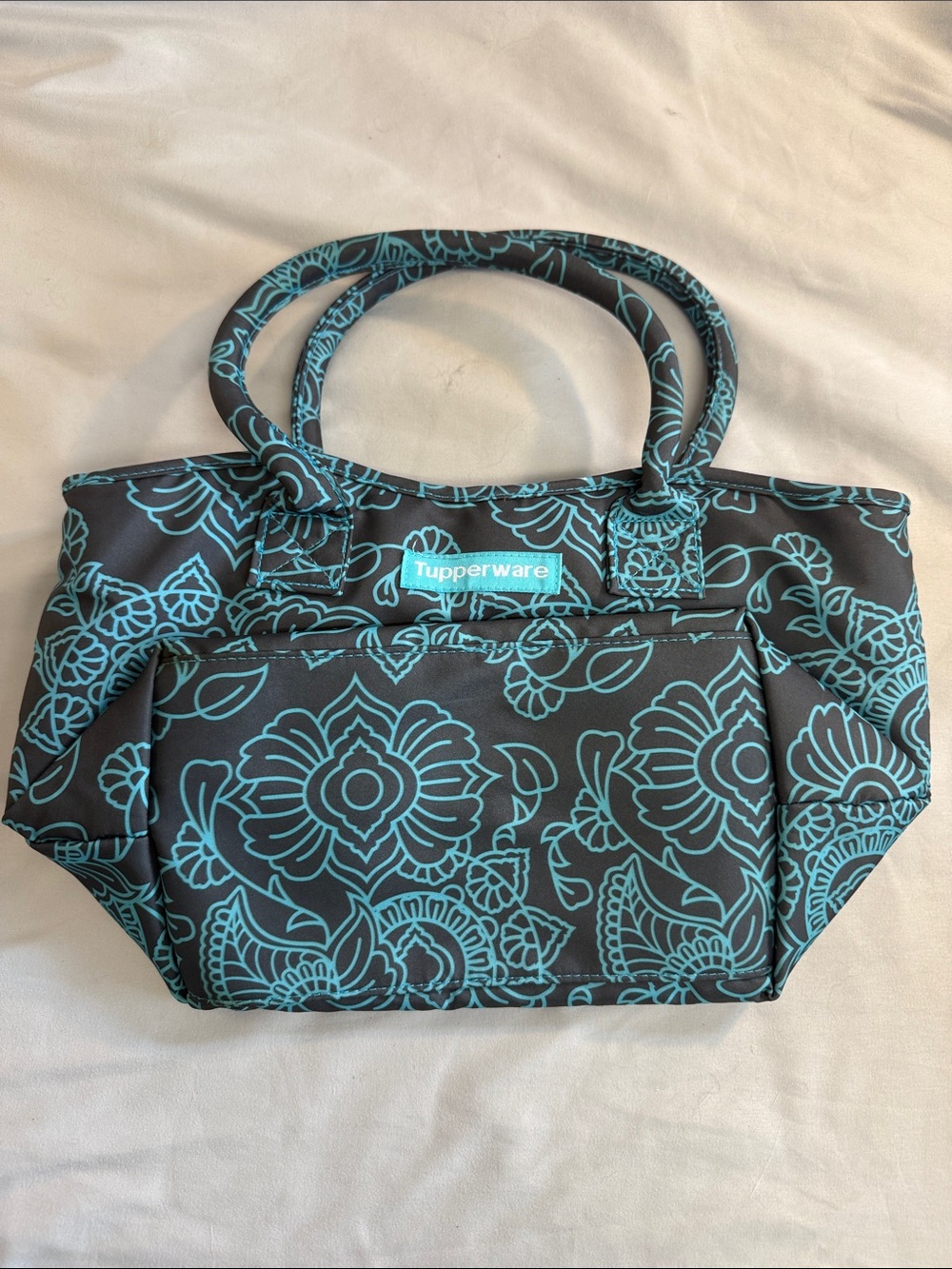 Tupperware Black and Turquoise Floral Tote lunch bag
